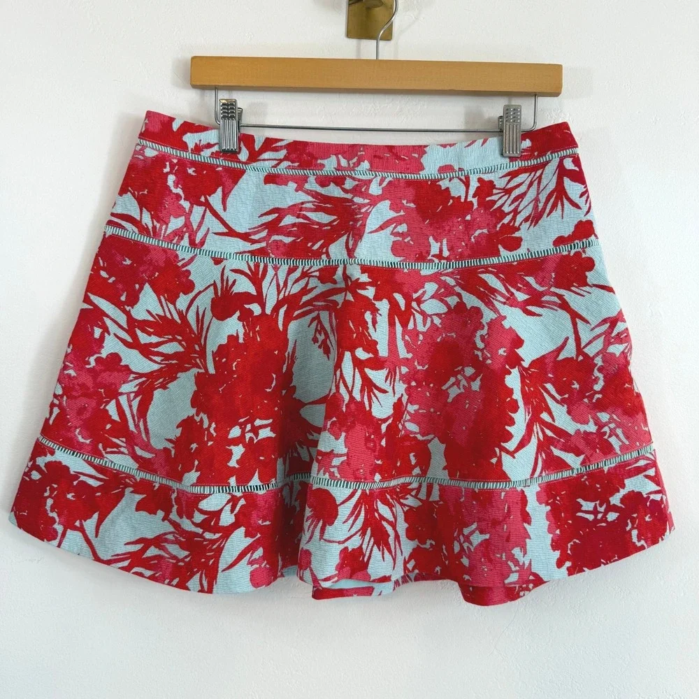 Banana Republic Floral Mini Skirt Red Blue Cotton Textured Tropical Summer 10‎